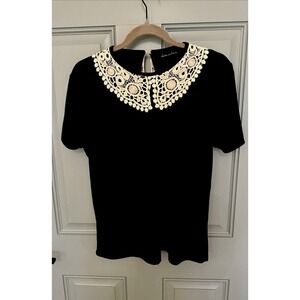 Vintage Shirt Top Women M Black Widow  Round Lace Neckline Edgy Gothcore Minimal